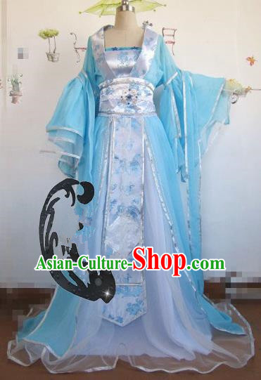 Chinese Traditional Cosplay Princess Blue Costume Ancient Peri Palace Lady Hanfu Dress for Women