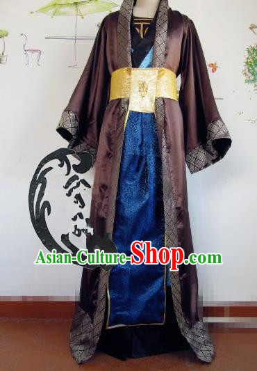 Chinese Traditional Cosplay Nobility Childe Brown Costume Ancient Swordsman Hanfu Clothing for Men