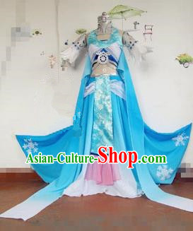 Chinese Traditional Cosplay Female Swordsman Costume Ancient Peri Blue Hanfu Dress for Women