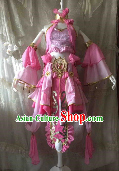 Chinese Traditional Cosplay Swordswoman Costume Ancient Peri Pink Hanfu Dress for Women