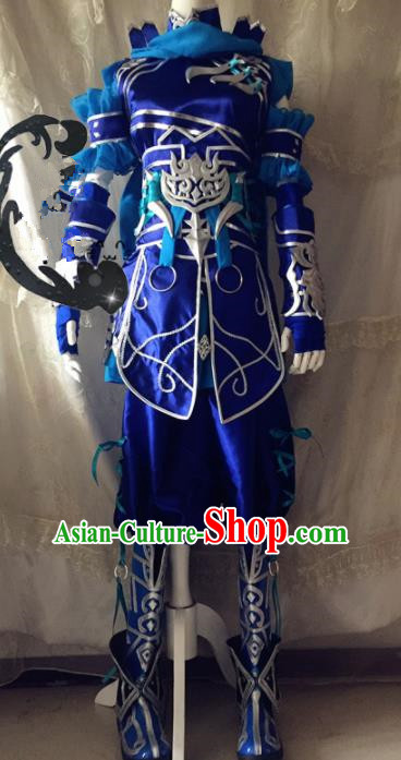 Chinese Traditional Cosplay General Blue Armour Costume Ancient Swordsman Hanfu Clothing for Men