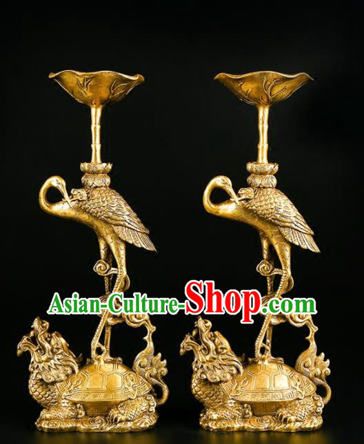 Chinese Traditional Feng Shui Items Buddhism Brass Cranes Candlestick Decoration