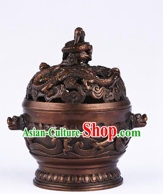 Chinese Traditional Brass Carving Dragon Incense Burner Taoism Bagua Feng Shui Items Censer Decoration