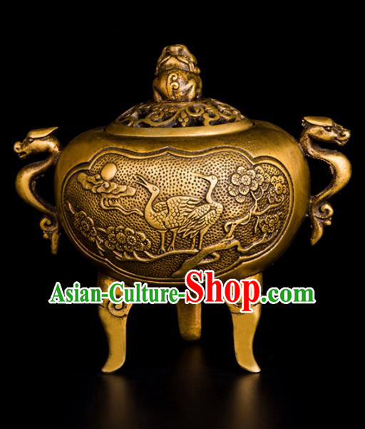 Chinese Traditional Taoism Carving Crane Brass Incense Burner Feng Shui Items Bagua Censer Decoration