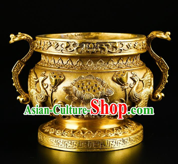 Chinese Traditional Carving Lotus Crane Brass Incense Burner Taoism Bagua Feng Shui Items Censer Decoration