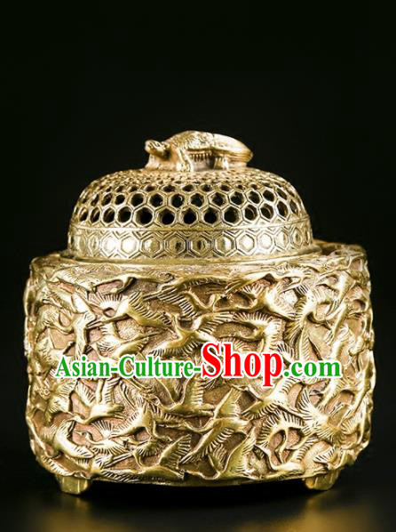 Chinese Traditional Carving Crane Brass Incense Burner Taoism Bagua Feng Shui Items Censer Decoration