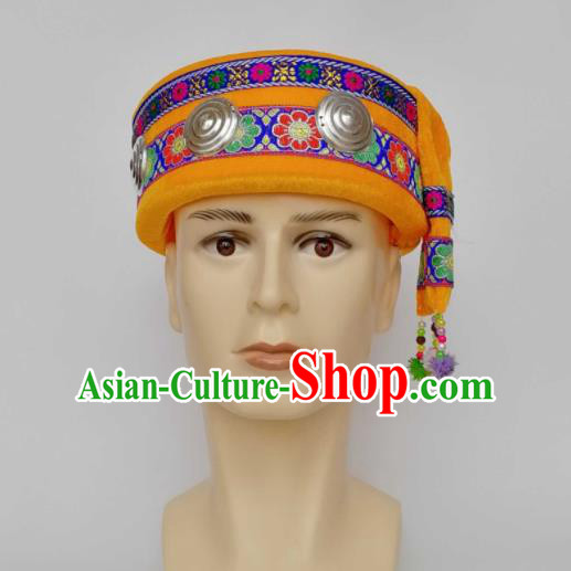 Chinese Traditional Ethnic Headwear Yao Nationality Bridegroom Yellow Hat for Men