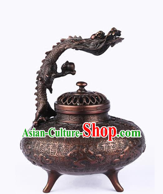 Chinese Traditional Brass Carving Dragon Incense Burner Taoism Bagua Feng Shui Items Censer Decoration