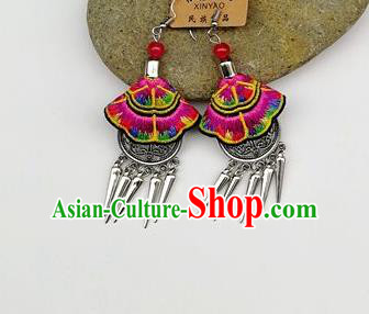 Chinese Traditional Ethnic Jewelry Accessories Miao Nationality Embroidered Pink Earrings for Women