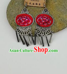 Chinese Traditional Ethnic Jewelry Accessories Miao Nationality Embroidered Peony Red Earrings for Women