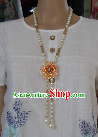 Chinese Traditional Ethnic Jewelry Accessories Orange Rose Tassel Necklace for Women