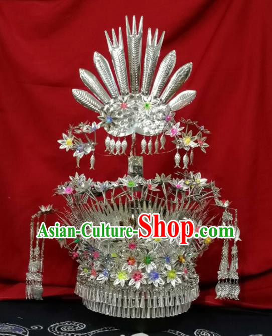 Chinese Traditional Ethnic Sliver Headwear Miao Nationality Bride Fishes Tassel Phoenix Coronet for Women
