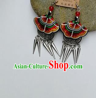 Chinese Traditional Ethnic Jewelry Accessories Miao Nationality Embroidered Red Earrings for Women