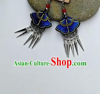 Chinese Traditional Ethnic Jewelry Accessories Miao Nationality Embroidered Blue Earrings for Women