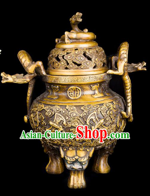 Chinese Traditional Taoism Bagua Carving Bats Dragon Brass Incense Burner Feng Shui Items Censer Decoration