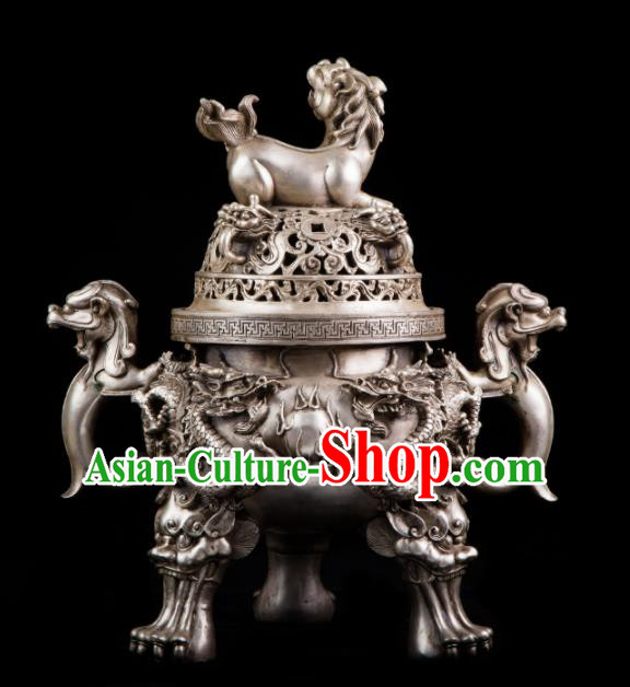 Chinese Traditional Taoism Bagua Cupronickel Lion Incense Burner Feng Shui Items Censer Decoration
