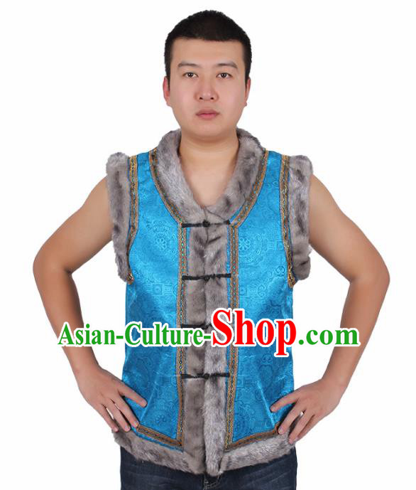 Chinese Traditional Ethnic Costumes Mongol Nationality Blue Brocade Waistcoat Vest for Men