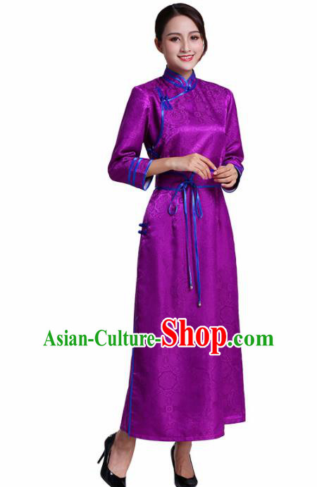 Chinese Traditional Mongolian Ethnic Costumes Mongol Nationality Purple Dress for Women