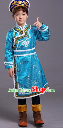 Chinese Traditional Ethnic Children Costumes Mongol Nationality Blue Brocade Robe for Kids