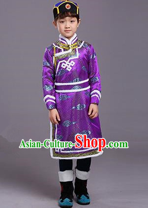 Chinese Traditional Ethnic Children Costumes Mongol Nationality Purple Brocade Robe for Kids