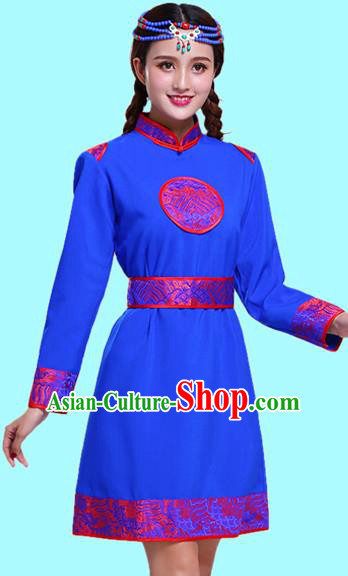 Chinese Traditional Mongolian Ethnic Female Costumes Mongol Nationality Royalblue Dress for Women