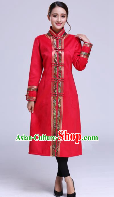 Chinese Traditional Mongolian Outwear Ethnic Costumes Mongol Nationality Red Dust Coat for Women
