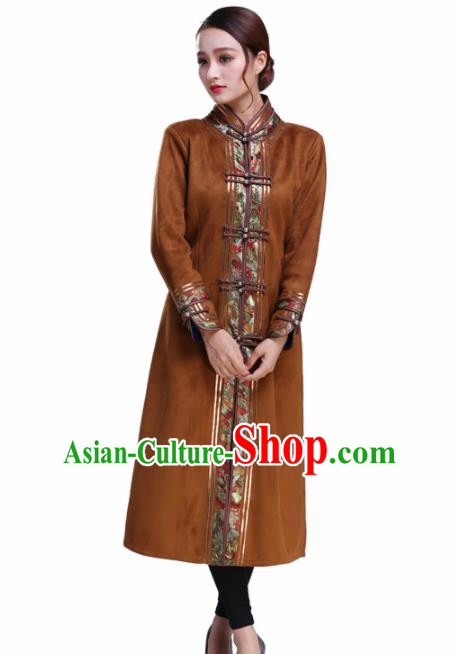 Chinese Traditional Mongolian Outwear Ethnic Costumes Mongol Nationality Brown Dust Coat for Women