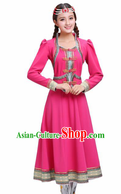 Chinese Traditional Mongolian Ethnic Rosy Dress Mongol Nationality Costumes for Women