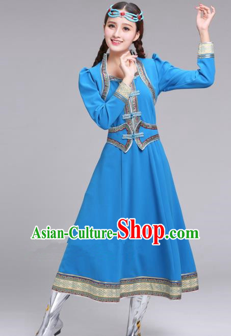 Chinese Traditional Mongolian Ethnic Blue Dress Mongol Nationality Costumes for Women