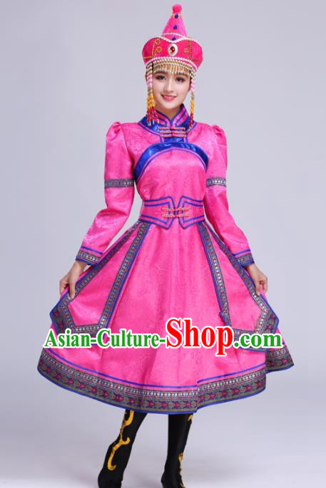 Chinese Traditional Mongolian Ethnic Folk Dance Pink Dress Mongol Nationality Costumes for Women