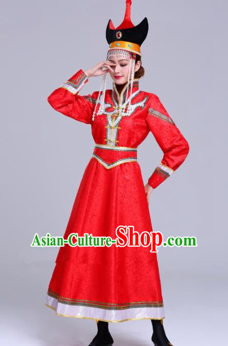 Chinese Traditional Mongolian Ethnic Red Dress Mongol Nationality Folk Dance Costumes for Women