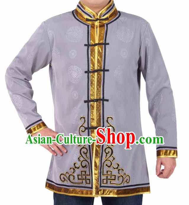 Chinese Traditional Mongol Ethnic Costume Mongolian Nationality Grey Brocade Shirts for Men