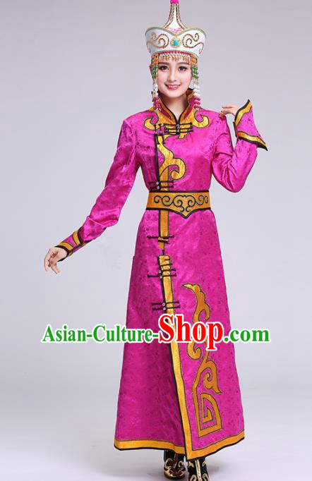 Chinese Traditional Mongolian Ethnic Princess Rosy Dress Mongol Nationality Folk Dance Costumes for Women