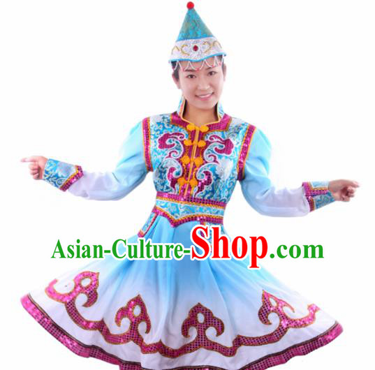 Chinese Traditional Mongolian Folk Dance Blue Dress Mongol Nationality Ethnic Costume for Women