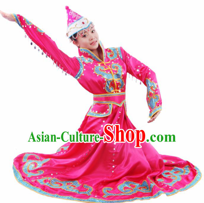 Chinese Traditional Mongolian Folk Dance Rosy Dress Mongol Nationality Ethnic Costume for Women
