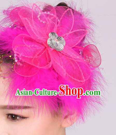 Chinese Traditional Yangko Dance Rosy Feather Flower Hair Stick National Folk Dance Hair Accessories for Women