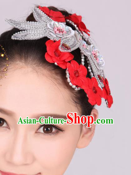 Chinese Traditional Yangko Dance Red Flowers Hair Stick National Folk Dance Hair Accessories for Women