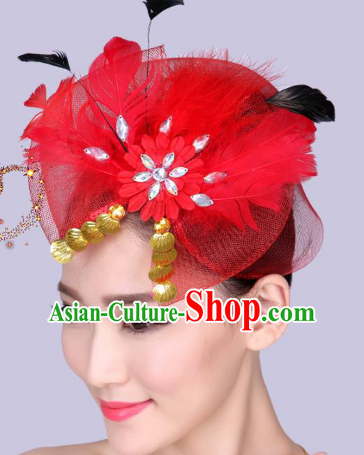 Chinese Traditional Yangko Dance Red Feather Bowknot Hair Claw National Folk Dance Hair Accessories for Women