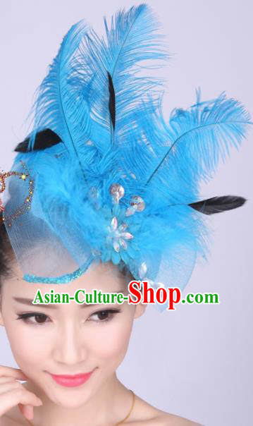 Chinese Traditional Yangko Dance Hair Claw National Folk Dance Blue Feather Bowknot Hair Accessories for Women