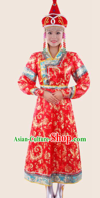 Chinese Traditional Mongolian Folk Dance Red Dress Mongol Nationality Ethnic Costume for Women