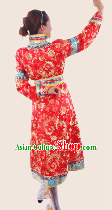 Chinese Traditional Mongolian Folk Dance Red Dress Mongol Nationality Ethnic Costume for Women