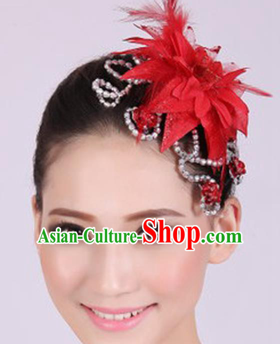 Chinese Traditional Yangko Dance Red Veil Peony Feather Hair Claw National Folk Dance Hair Accessories for Women