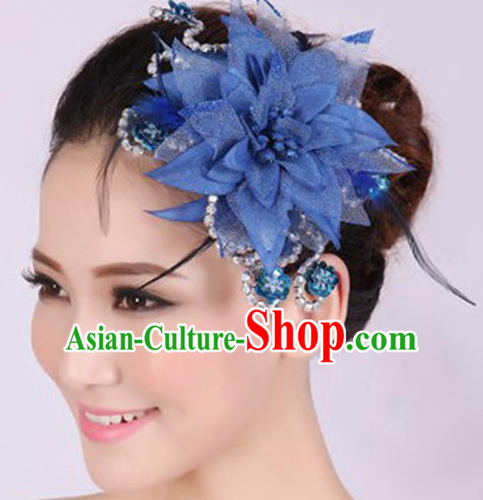 Chinese Traditional Yangko Dance Royalblue Veil Peony Feather Hair Claw National Folk Dance Hair Accessories for Women
