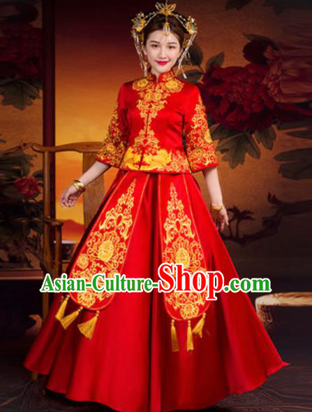 Traditional Chinese Wedding Dress Ancient Bride Embroidered Red Xiu He Costume for Women