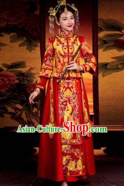 Traditional Chinese Red Wedding Dress Ancient Bride Embroidered Phoenix Xiu He Costume for Women