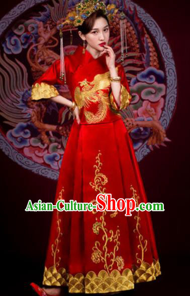 Traditional Chinese Embroidered Phoenix Wedding Dress Ancient Bride Red Xiu He Costume for Women