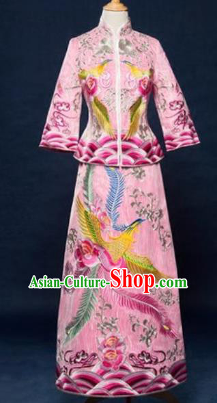 Traditional Chinese Embroidered Wedding Dress Ancient Bride Pink Xiu He Costume for Women