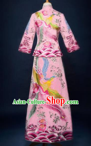 Traditional Chinese Embroidered Wedding Dress Ancient Bride Pink Xiu He Costume for Women