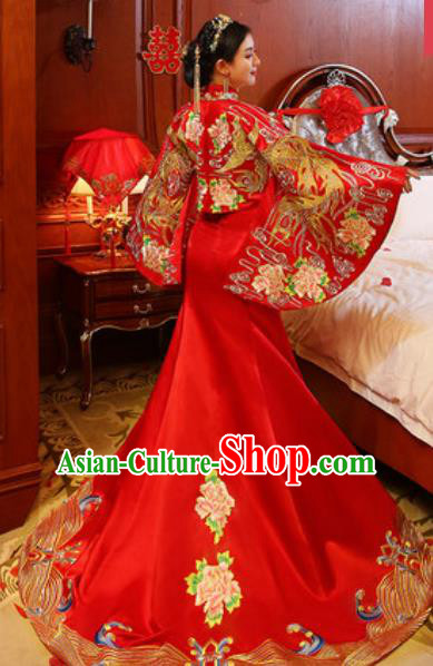 Traditional Chinese Embroidered Phoenix Peony Wedding Dress Ancient Bride Red Xiu He Costume for Women