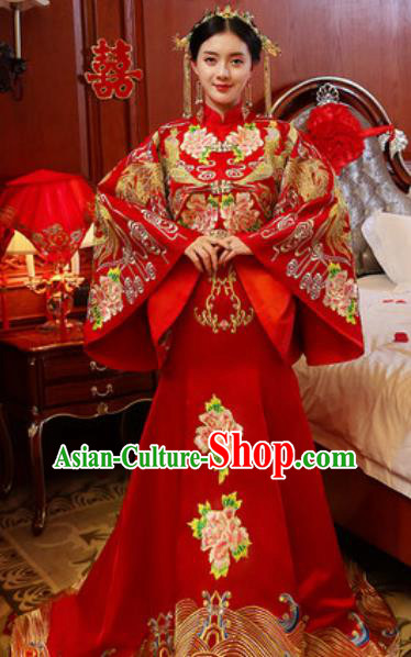 Traditional Chinese Embroidered Phoenix Peony Wedding Dress Ancient Bride Red Xiu He Costume for Women